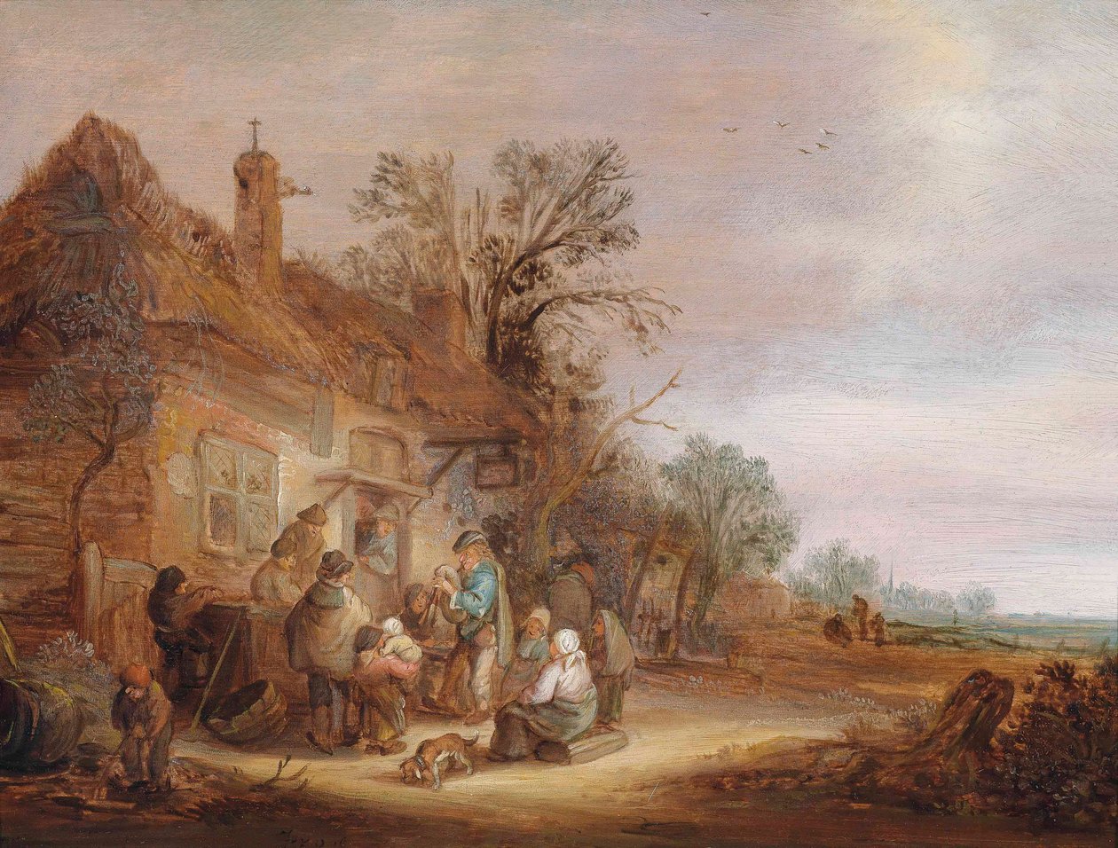 Camponeses e músicos à porta de uma taberna de Isaac van Ostade