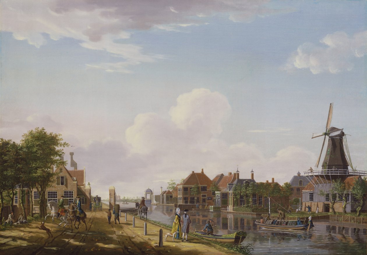 Cena holandesa do canal com figuras elegantes e um moinho, 1777 de Isaac Ouwater