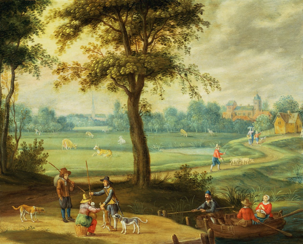 Uma paisagem de aldeia por um rio (óleo) de Isaak van Oosten