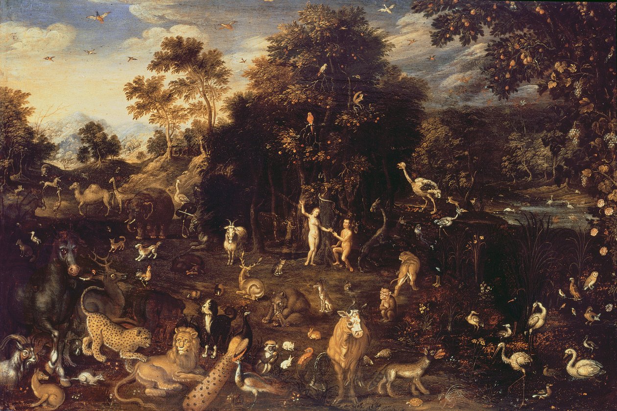 O jardim do Éden com Adão e Eva de Isaak van Oosten