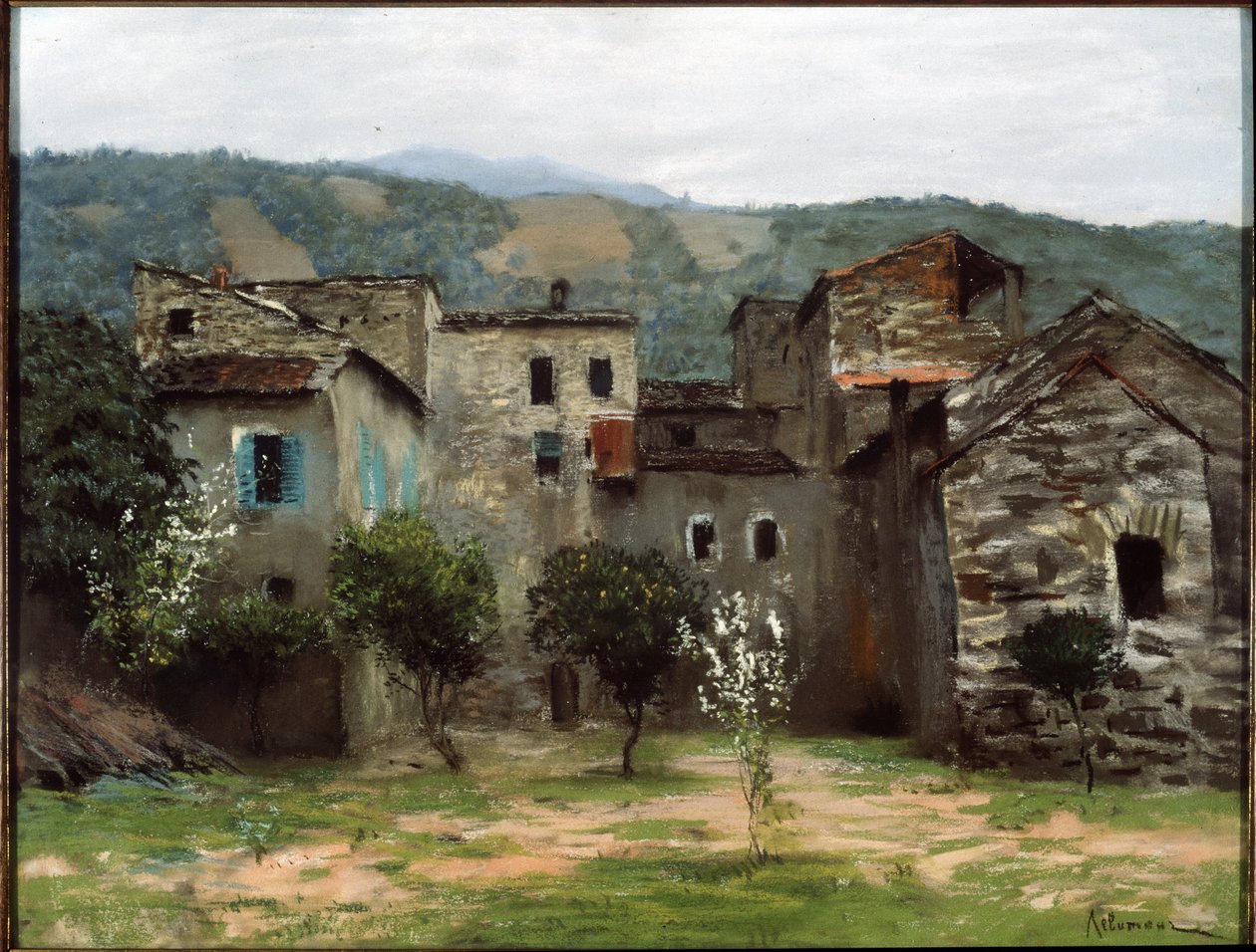 Perto de Bordighera, no norte da Itália. (Perto de Bordighera. No norte da Itália). Descrição de um grupo de edifícios na Ligúria. Obra de Isaak (Isaac) Ilyich Levitan (1860-1900), pastel sobre papel de Isaak Ilyich Levitan