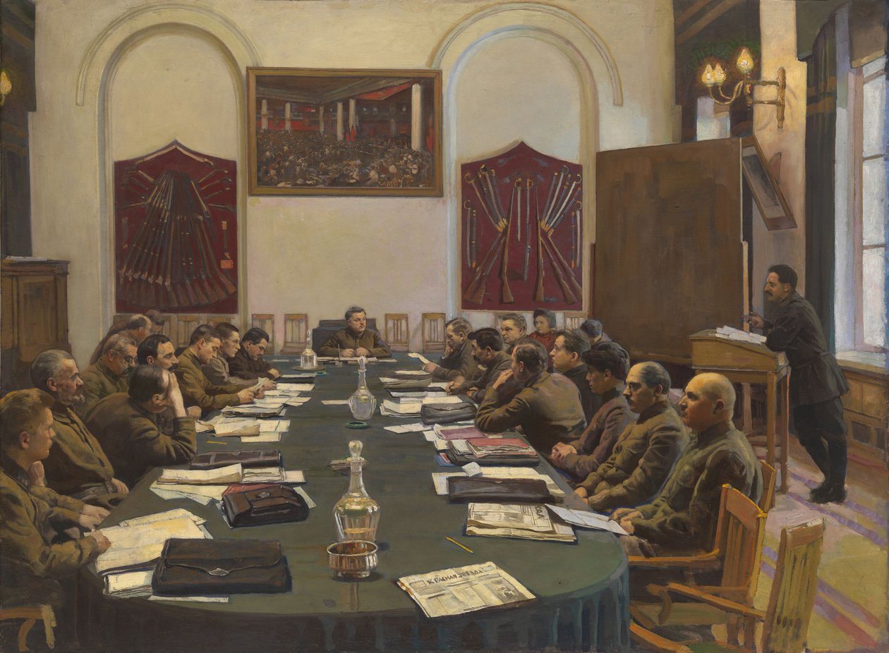 Assembléia do Conselho Militar Revolucionário da URSS, presidido por Kliment Voroshilov de Isaak Israilevich Brodsky