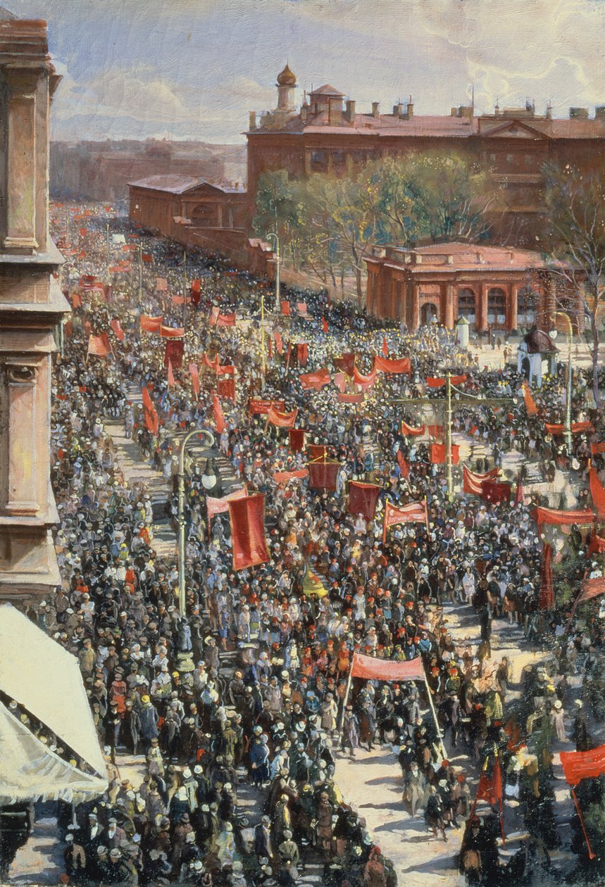 Demonstração na Avenida 25 de Outubro, esboço da pintura de 1934 na Galeria Tretyakov, 1930 de Isaak Israilevich Brodsky