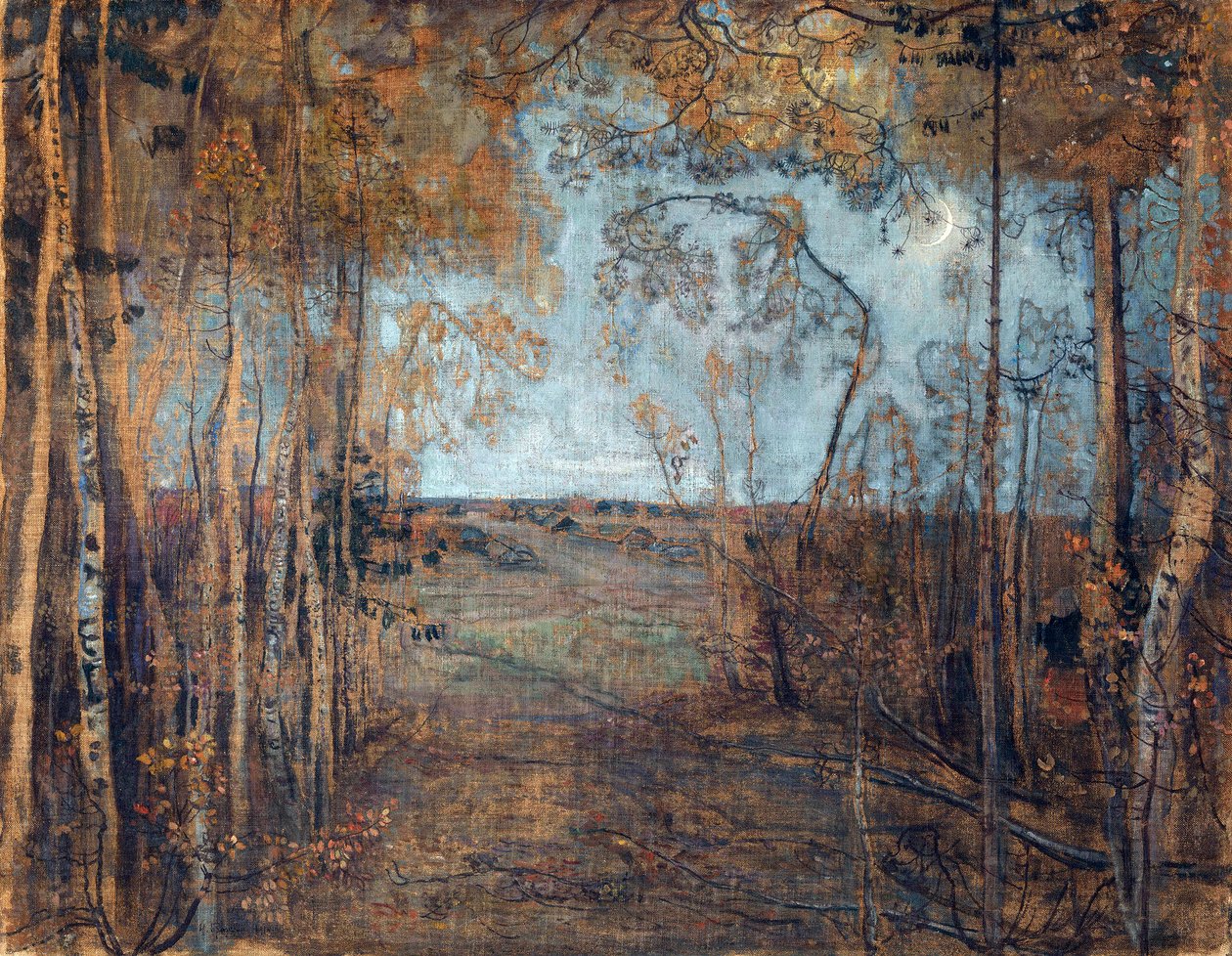 "A nova lua" (La nouvelle lune) Pintura nocturna em madeira Pintura de Isaak Brodsky (1884-1939) Óleo sobre tela 1912 Dim 62x80 cm Colecção Privada de Isaak Israilevich Brodsky