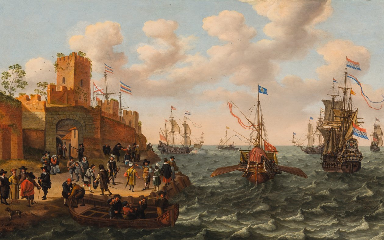 Um holandês de três mestres e uma galera papal com outros navios ao longo da costa de uma cidade fortificada, c.1662 (óleo no painel) de Isaak Willaerts