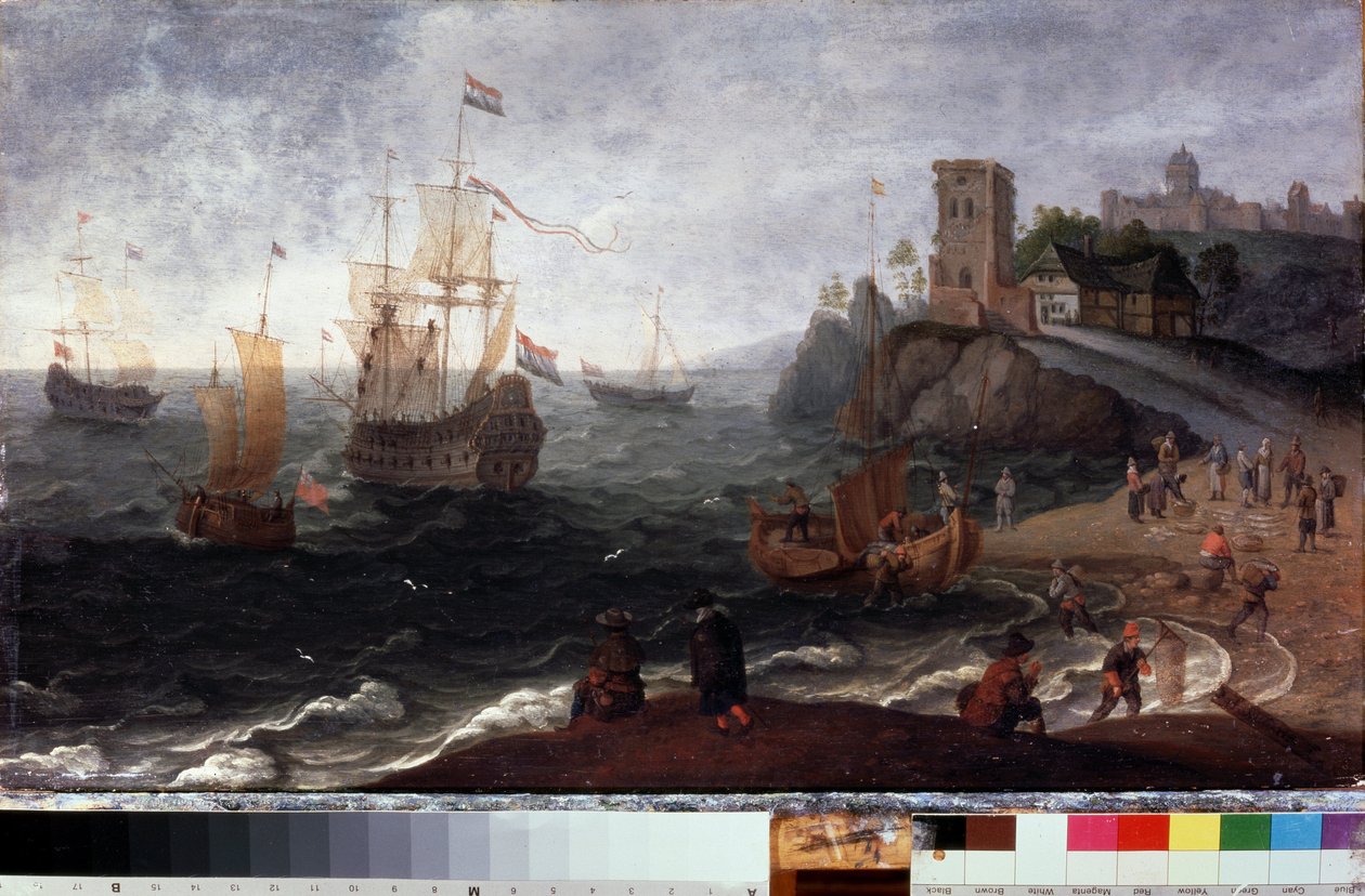 Mercado de peixe à beira-mar. Pintura de Isaak Willaerts (1620-1693). Óleo sobre madeira, 35,5 x 67 cm, ca. 1640. Arte holandesa do século XVII. Museu Estatal de História e Arte, Serpukhov (Rússia). de Isaak Willaerts