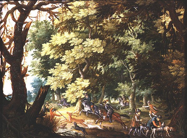 Uma paisagem arborizada com caçadores e cães de caça (óleo sobre cobre) de Isaak van Oosten