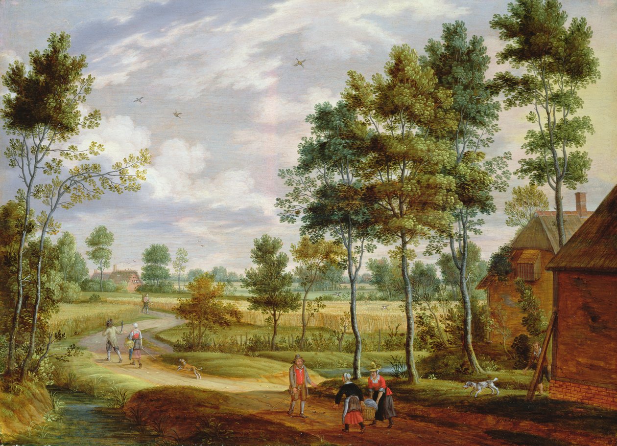 Figuras fora de uma casa de campo em uma paisagem do país de Isaak van Oosten