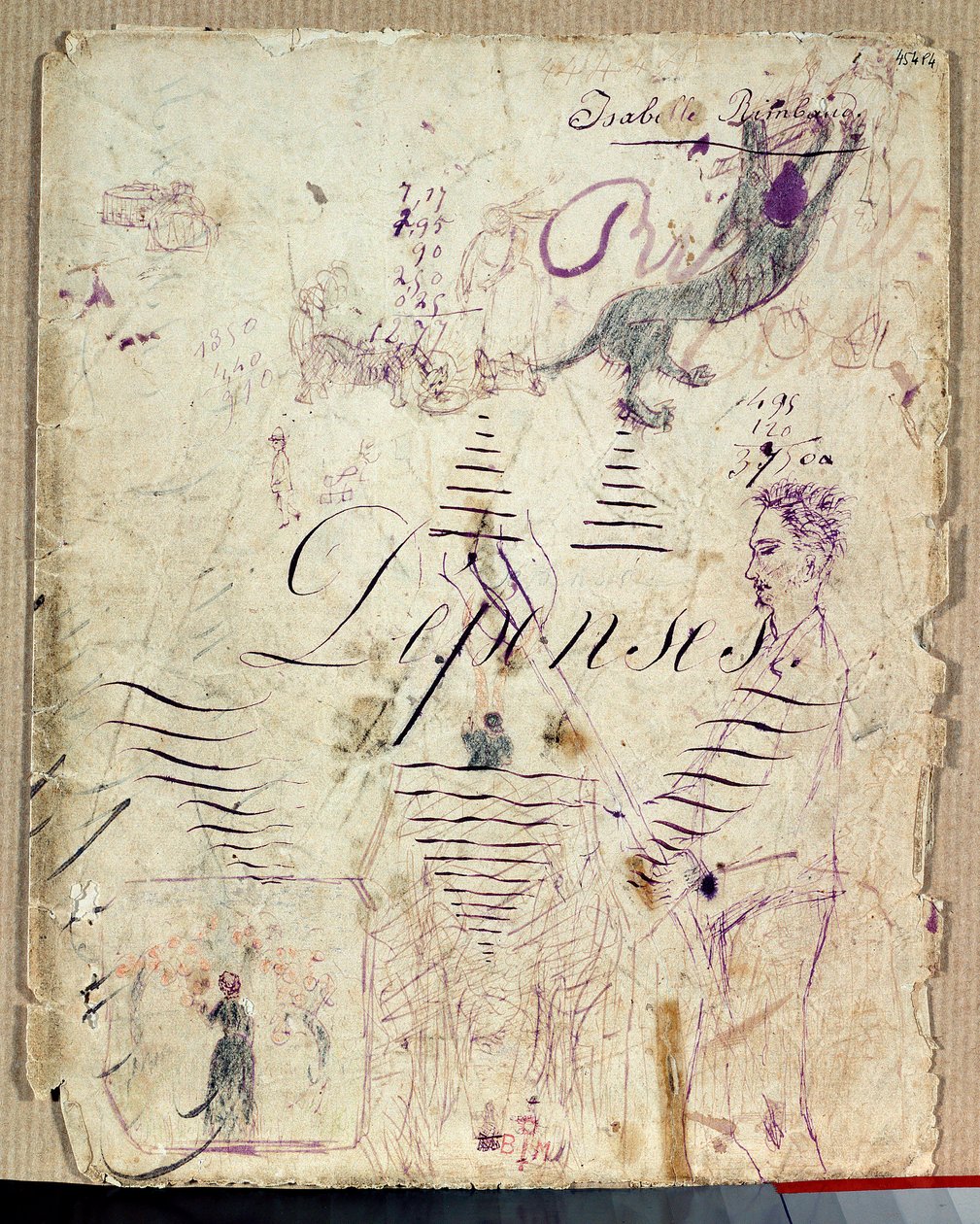 Arthur Rimbaud ajudando na colheita. Desenho de Isabelle Rimbaud em tinta roxa na folha de rascunho de um livro de despesas de Isabelle Rimbaud