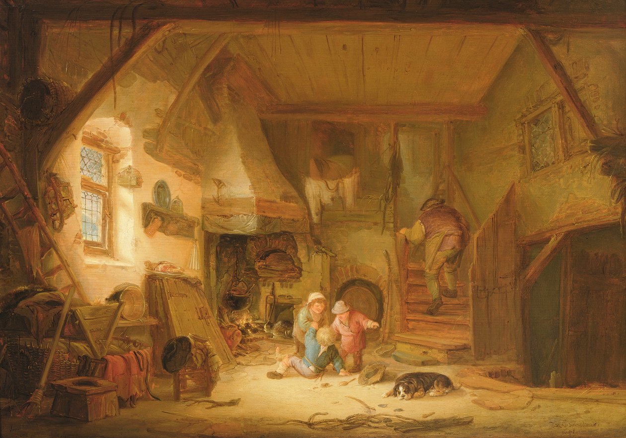 Crianças brincando por um fogo Cottage, 1641 de Isack van Ostade