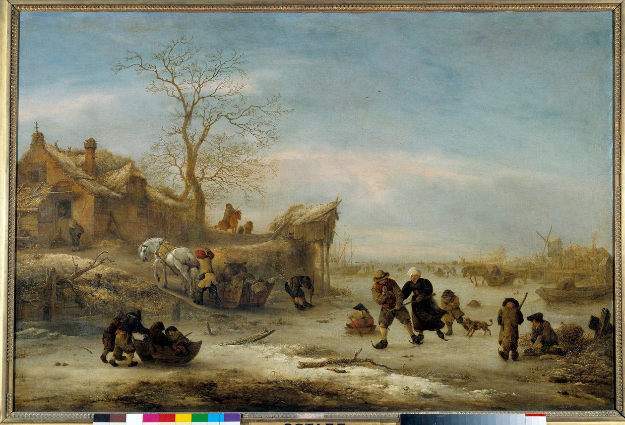 Canal gele com patinação a pares Pintura por Isaak Van Ostade (1621-1649). Sol do século XVII. 1x1,49 m de Isack van Ostade