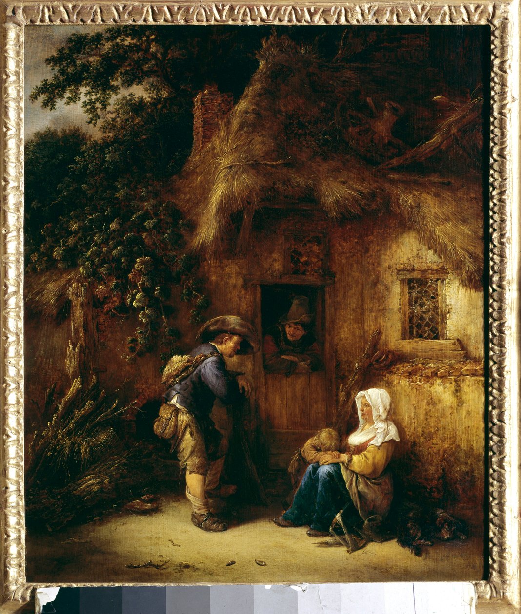 Conversa em frente de uma casa de camponeses. Pintura de Isaac Van Ostade (1621-1649) de Isack van Ostade
