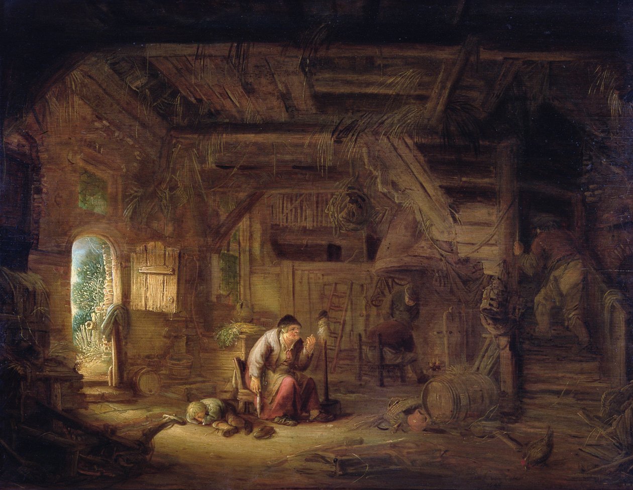 Interior de um celeiro com uma mulher idosa a segurar numa roca (óleo sobre painel) de Isack van Ostade