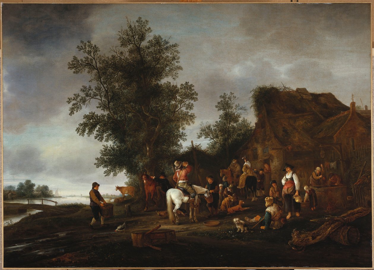 Viajantes se refrescando em uma taberna à beira-rio, 1664 de Isack van Ostade