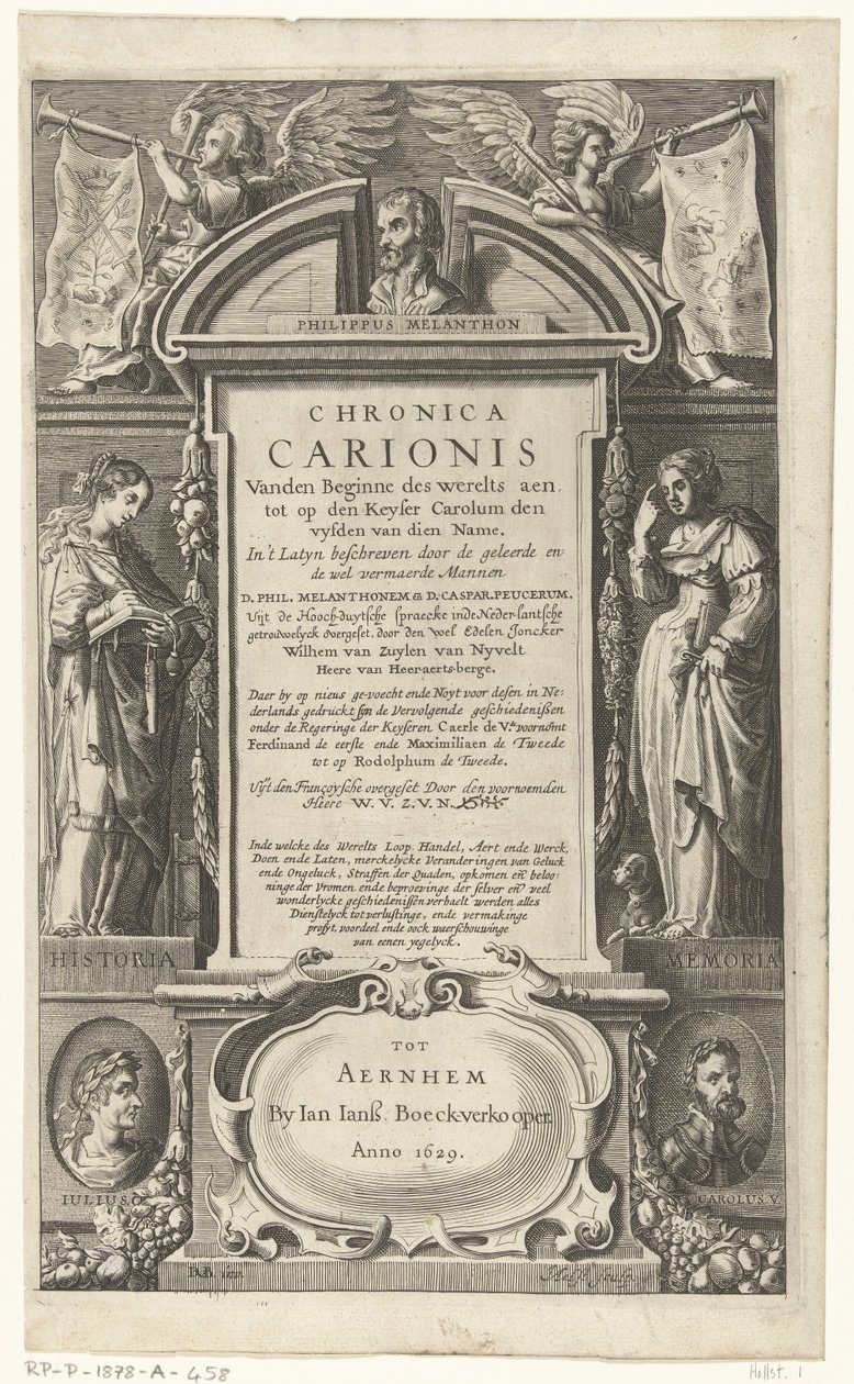 Página de título de Chronica Carionis de P. Melanchthon
Chronica Carionis vanden beginne des werelts aen tot op den Keyser Carolum (título sobre o objecto) de Isaeck van Aelst