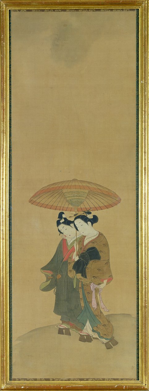 Dois amantes sob um guarda-chuva (tinta e cor de seda) de Ishikawa Toyonobu