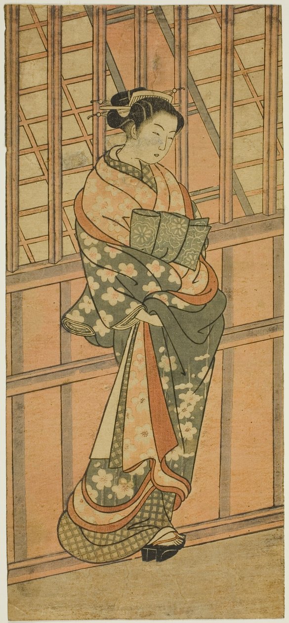 Cortesã de pé na frente de uma janela gradeada de Ishikawa Toyonobu