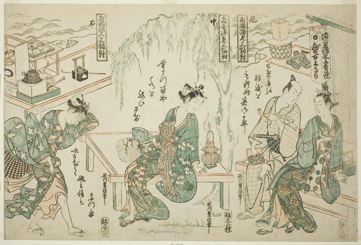 Desfrutando da noite fresca no Ryogoku - Um conjunto de três (Ryogoku suzumi sanpukutsui) de Ishikawa Toyonobu