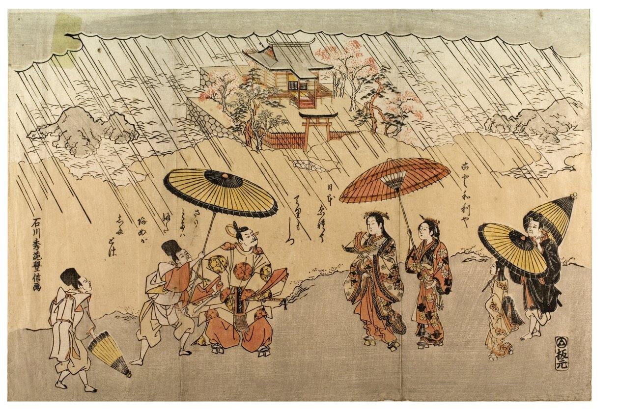 Cena da costa à chuva de Ishikawa Toyonobu