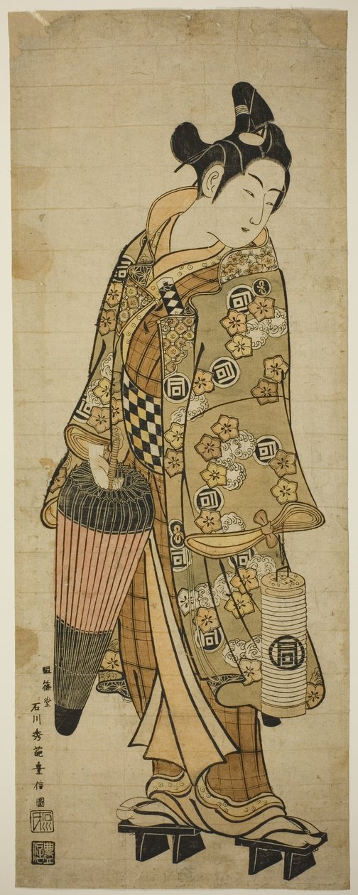 O ator Sanogawa Ichimatsu I quando jovem segurando um guarda-chuva e uma lanterna de Ishikawa Toyonobu