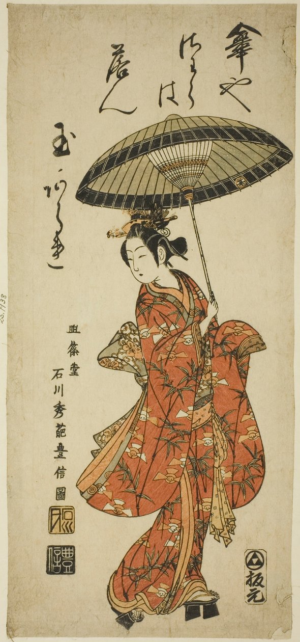 O ator Segawa Kikunojo II segurando um guarda-chuva de Ishikawa Toyonobu