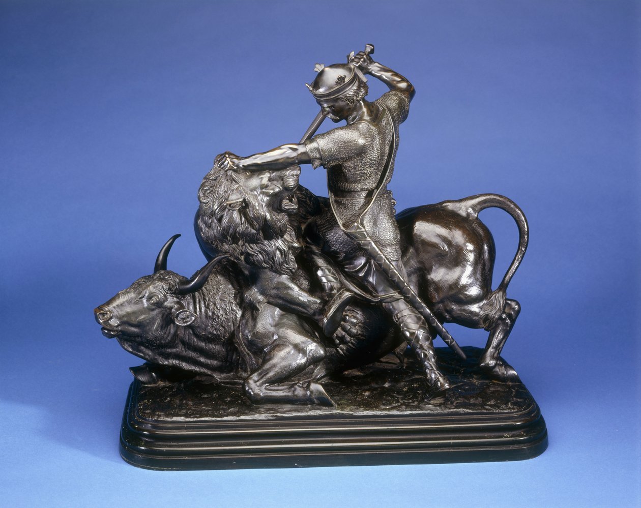 Um rei matando um leão atacando um touro, c.1874 (bronze patina preto) de Isidore Jules Bonheur