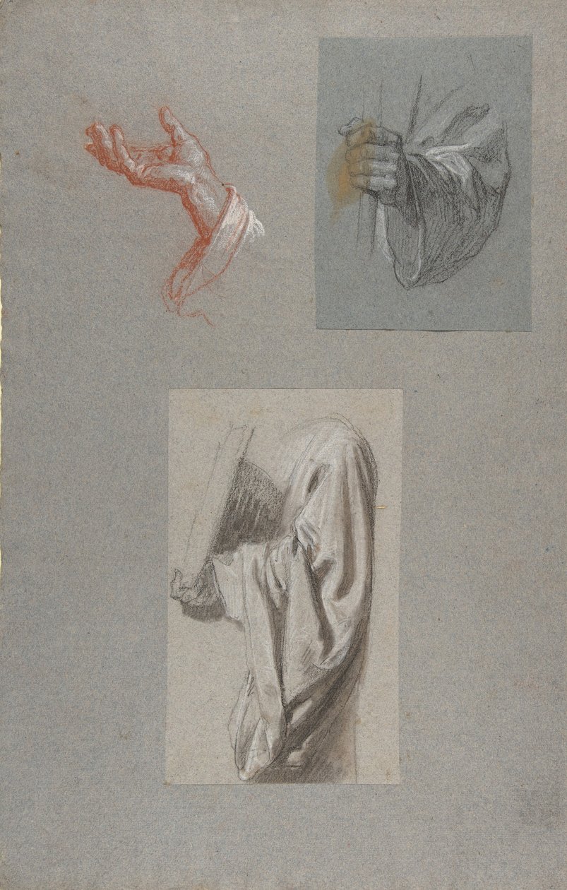 uma. Mão de São Remi, b. Mão de São Remi, c. Estudo de cortinas para acólito Holding Book..., séc. de Isidore Pils