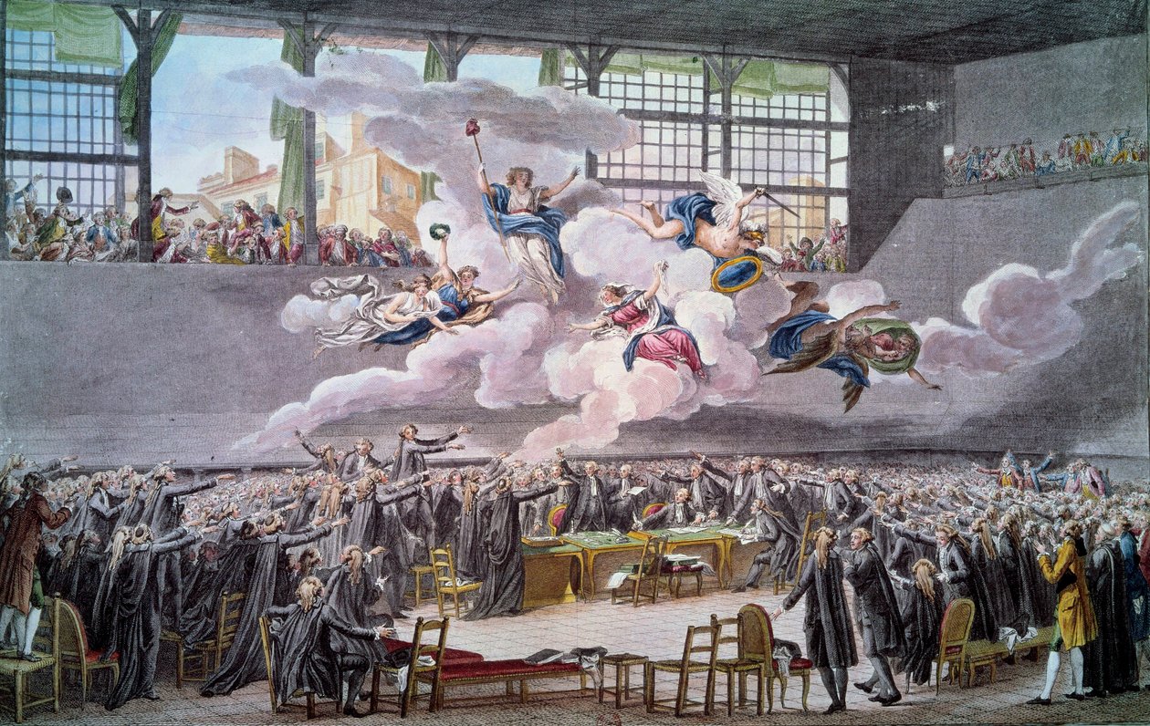 Revolução Francesa: "Le oath du jeu de Paume le 20 juin 1789" Os deputos juram não se separar até que uma Constituição seja corrigida. Gravura de Isidore Helman (1743-1809) 1789 Paris, B.N. de Isidore Stanislas Helman