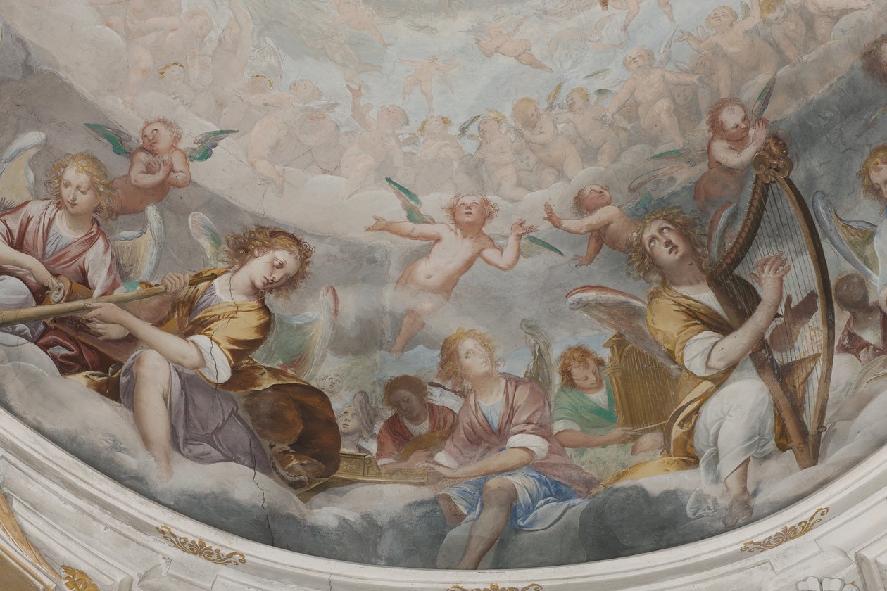 Anjos, músicos anjos e puttos, detalhe do Paraíso com o Pai eterno, c.1623-34 (detalhe de 3496185) de Isidoro Bianchi