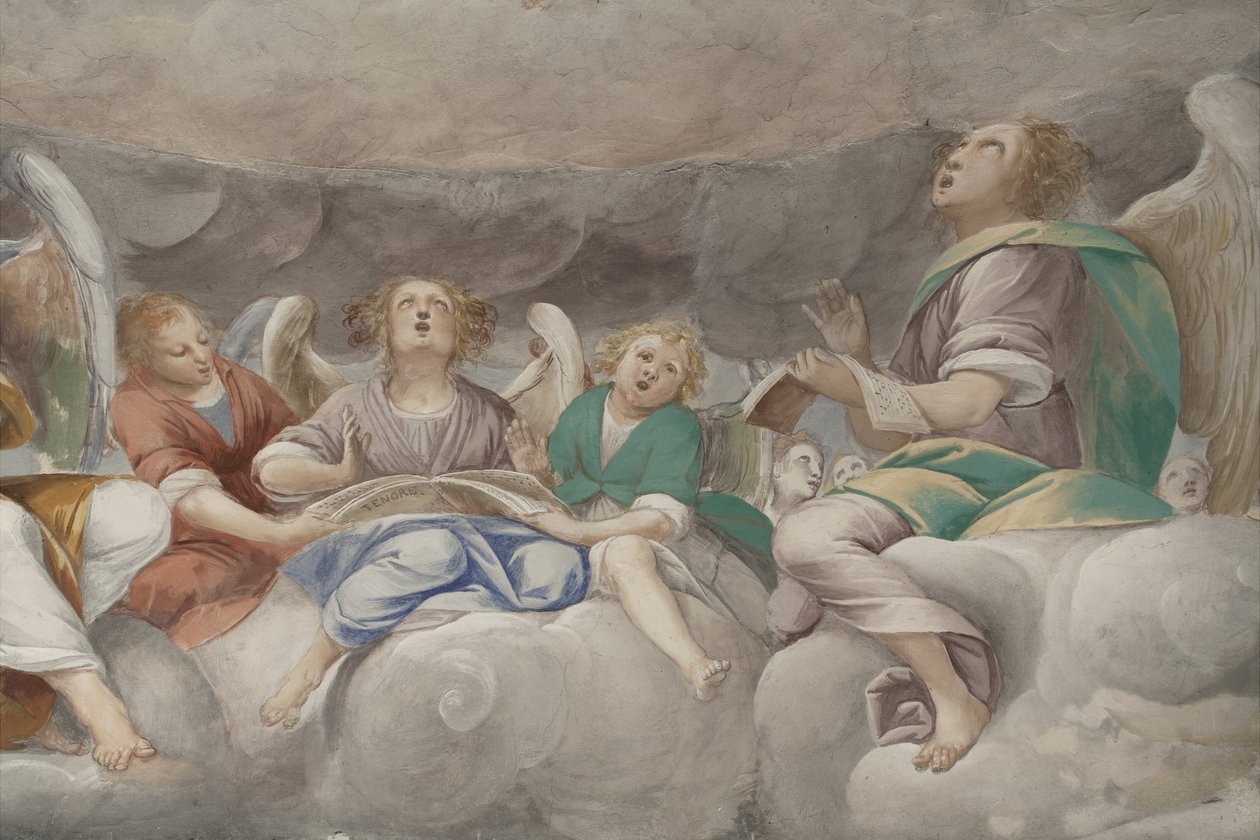 Anjos, músicos anjos e puttos, detalhe do Paraíso com o Pai eterno, c.1623-34 (detalhe de 3496185) de Isidoro Bianchi