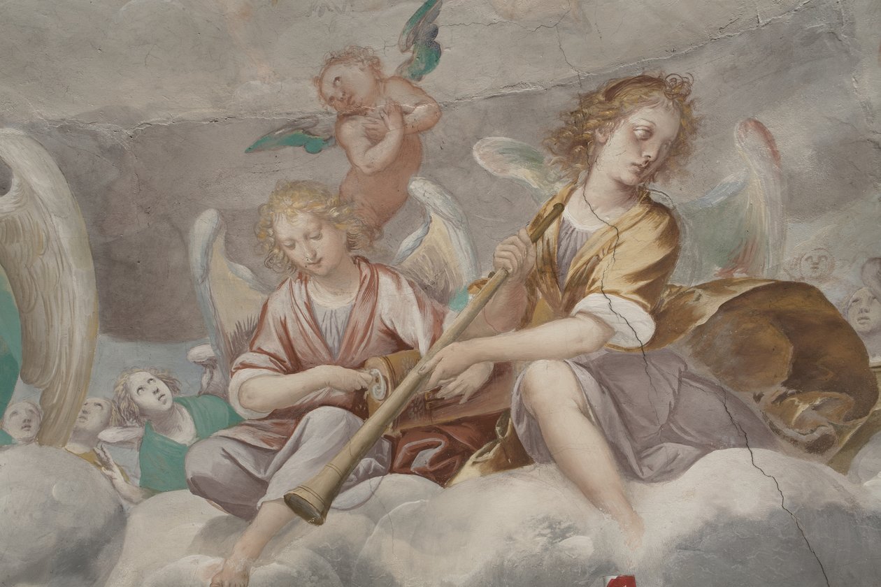 Anjos, músicos anjos e puttos, detalhe do Paraíso com o Pai eterno, c.1623-34 (detalhe de 3496185) de Isidoro Bianchi