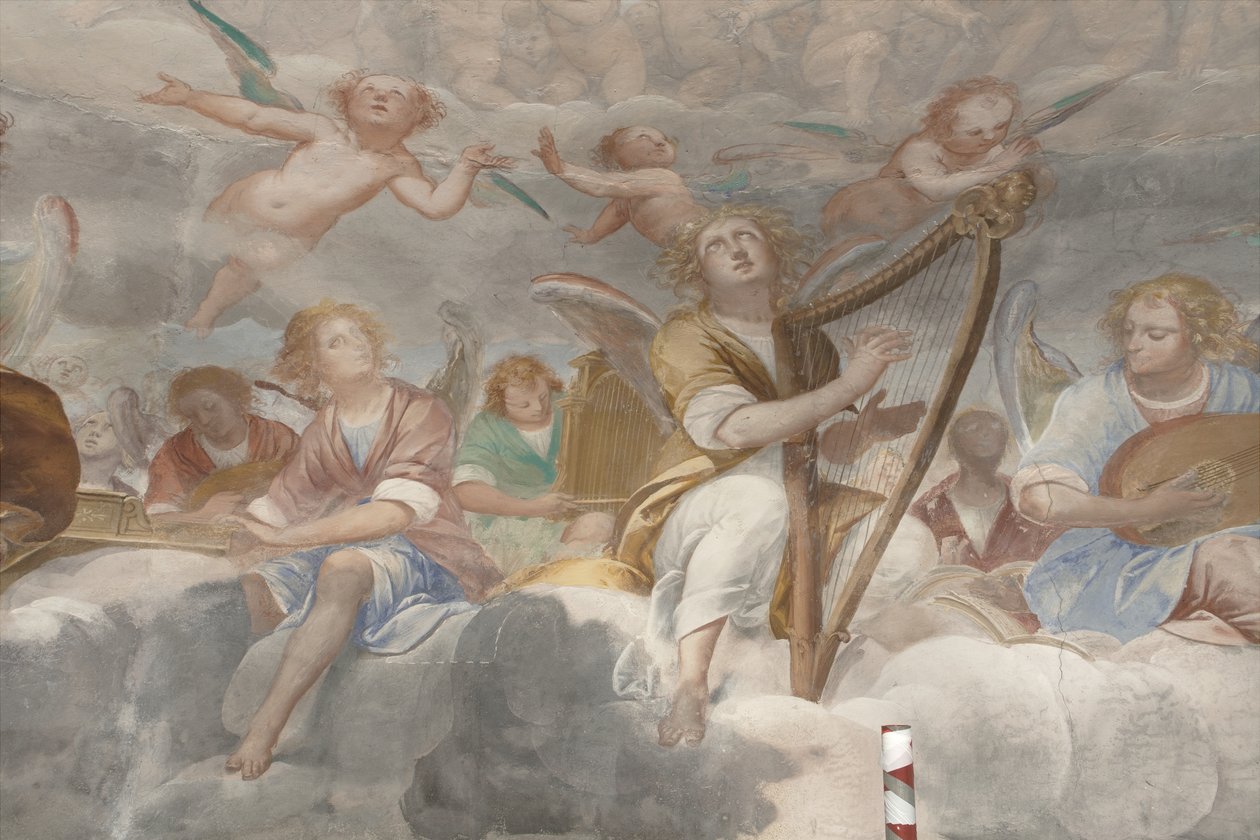 Anjos, músicos anjos e puttos, detalhe do Paraíso com o Pai eterno, c.1623-34 (detalhe de 3496185) de Isidoro Bianchi