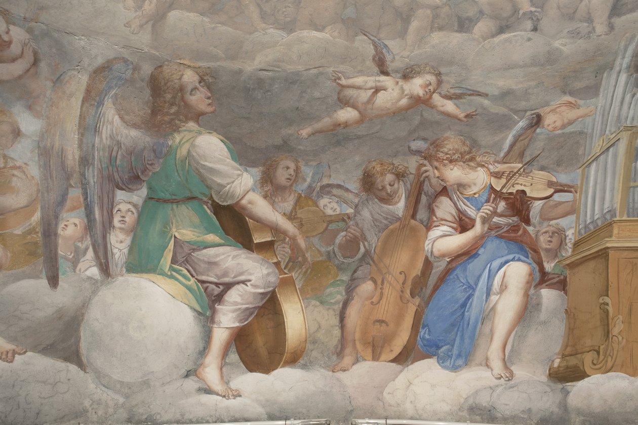 Anjos, músicos anjos e puttos, detalhe do Paraíso com o Pai eterno, c.1623-34 (detalhe de 3496185) de Isidoro Bianchi