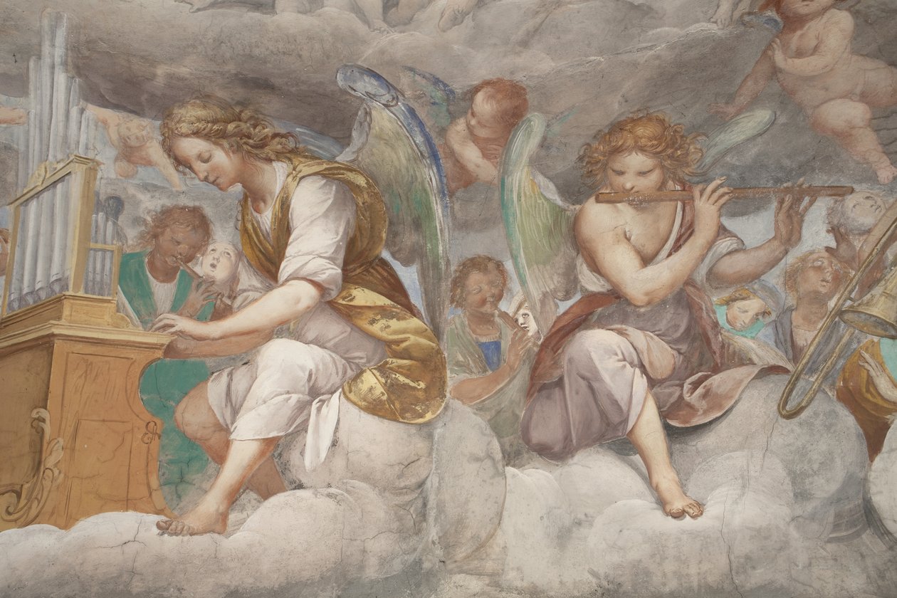 Anjos, músicos anjos e puttos, detalhe do Paraíso com o Pai eterno, c.1623-34 (detalhe de 3496185) de Isidoro Bianchi