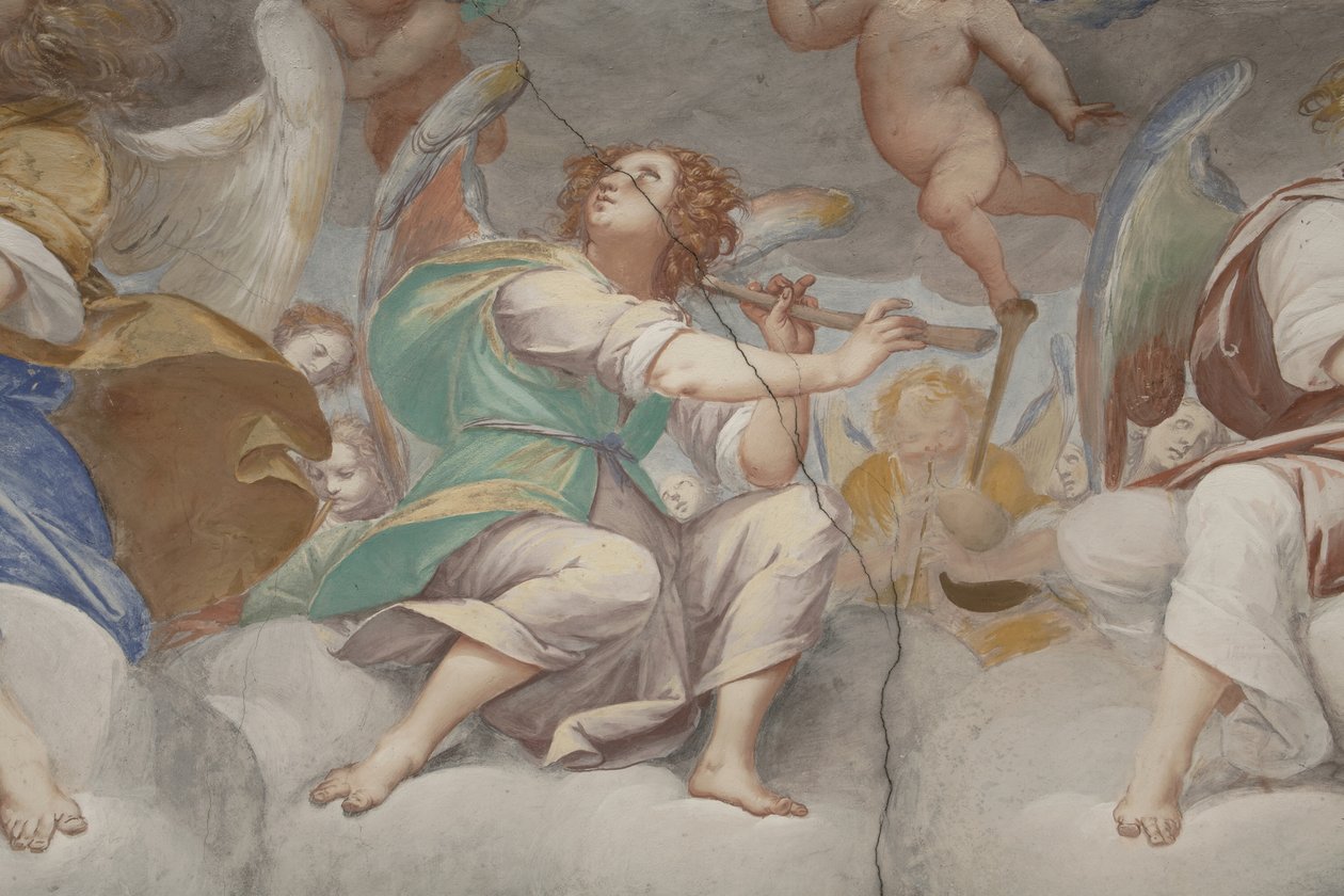 Anjos, músicos anjos e puttos, detalhe do Paraíso com o Pai eterno, c.1623-34 (detalhe de 3496185) de Isidoro Bianchi