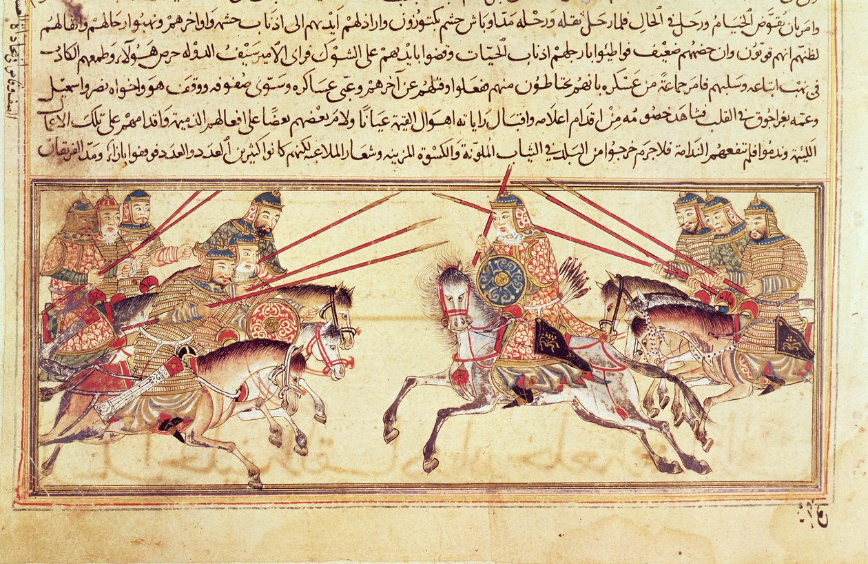 Batalha entre tribos mongóis, provavelmente do &39;Jami&39; al-Tawarikh &39;de Rashid al-Din, c.1307 (pergaminho) de Islamic School