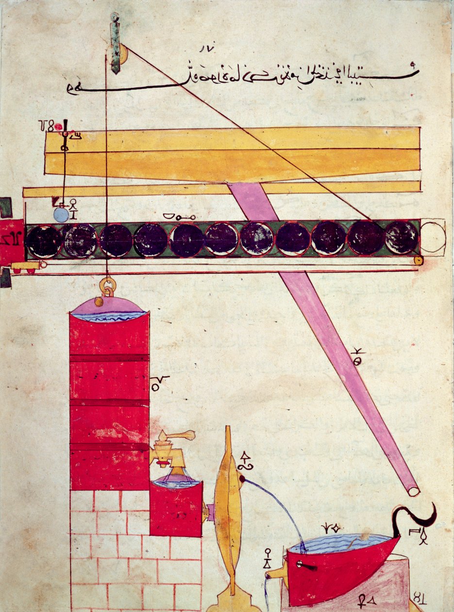 Dispositivo para fornecer água a uma fonte, do "Livro de Conhecimento de Dispositivos Mecânicos Ingênuos" de Al-Djazari, 1206 de Islamic School