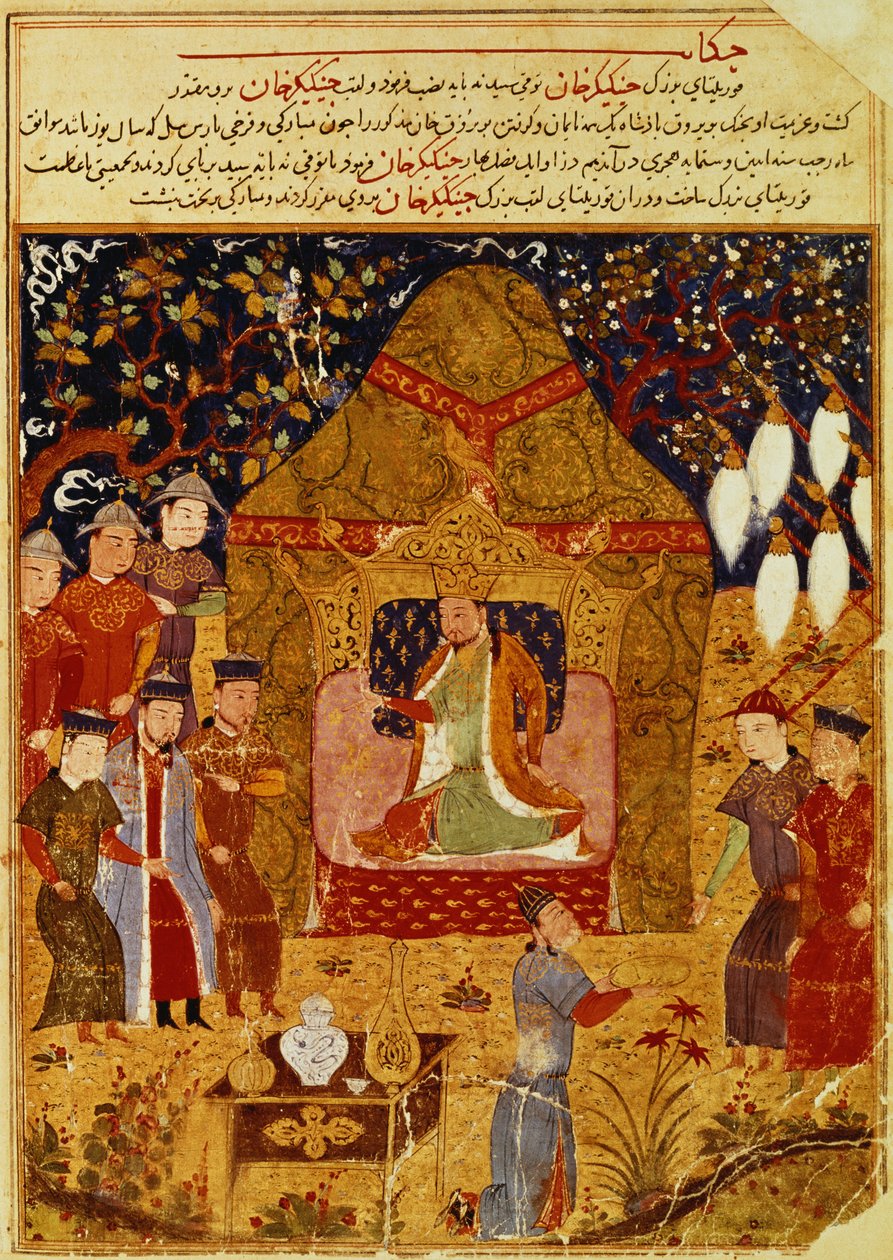 Genghis Khan em sua tenda por Rashid al-Din (1247-1318) de Islamic School