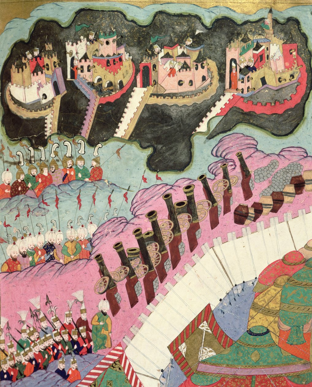 Cerco de uma fortaleza cristã, detalhe da artilharia, ilustração de &39;As Campanhas Militares de Suleyman I (1494-1566) o Magnífico&39; (Hunername) por Lokman de Islamic School