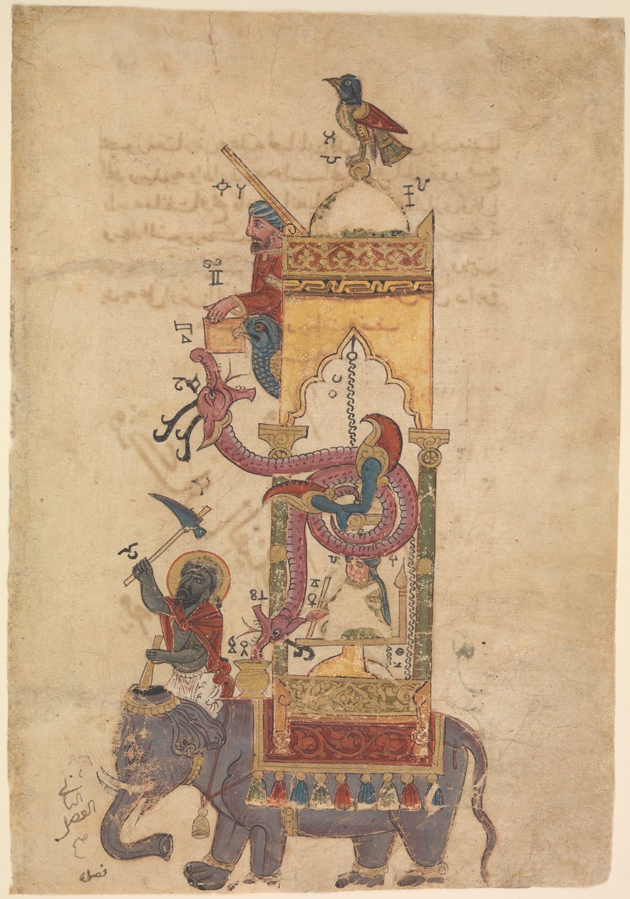 O relógio do elefante de um livro do conhecimento de dispositivos mecânicos engenhosos por al-Jazari, 1315 (tinta, aquarela opaca e ouro no papel) de Islamic School