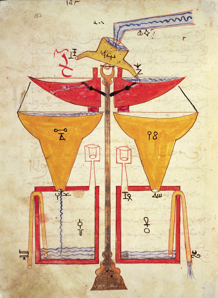 Balanço Hídrico, do &39;Livro do Conhecimento de Engenhos Mecânicos&39; de Al-Djazari, 1206 de Islamic School
