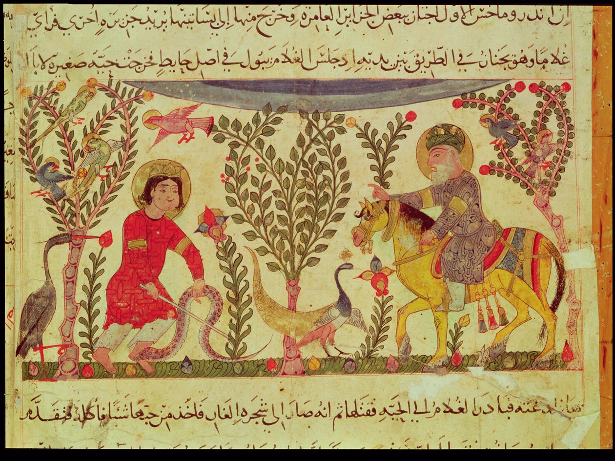 Um médico dando assistência a um homem mordido por uma cobra, manuscrito de um tratado de Dioscoride, do século 13 de Islamic School