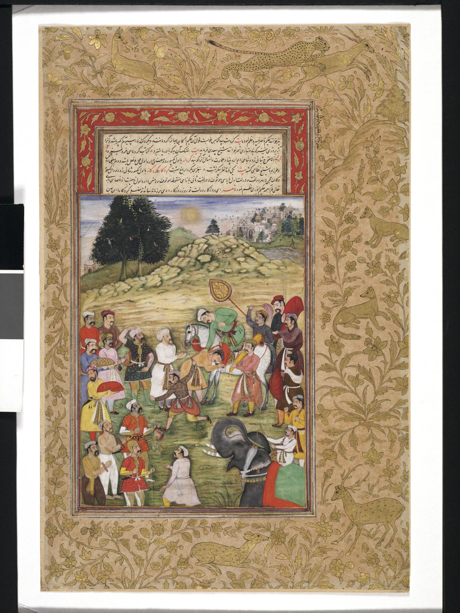 Akbar a cavalo recebendo homenagem de Islamic School