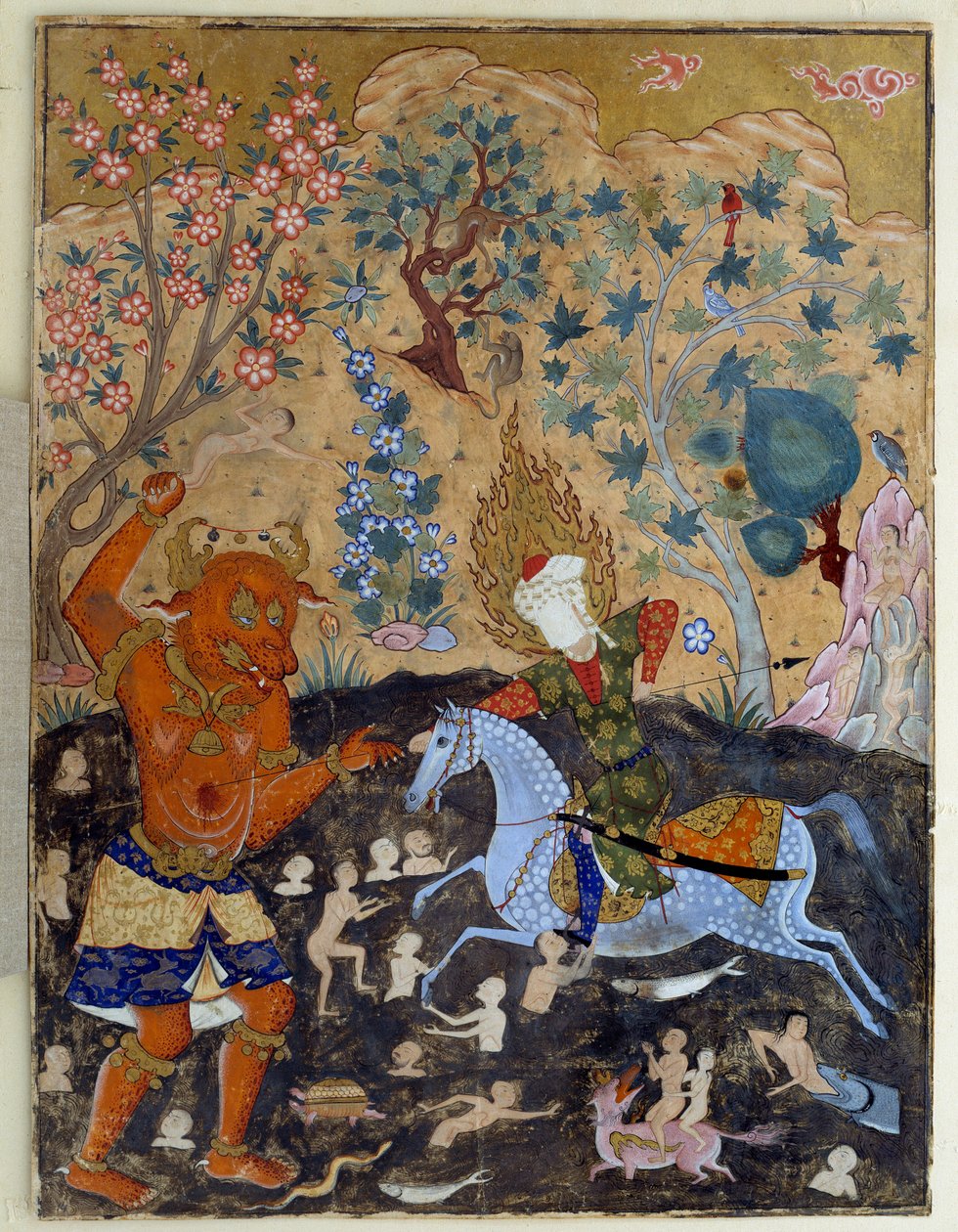 Art Islam: Página de um falnama: Iman Reza luta contra um Div de Islamic School