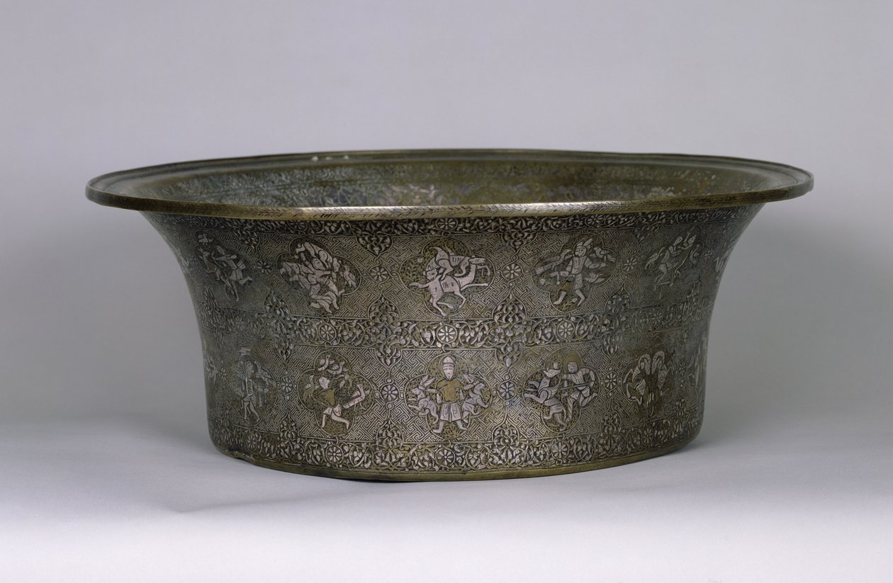 Bacia com o nome de Sultan Al-Malik Al-Adil (1143-1218) Período de Ayyubid, 1238-40 (prata e cobre) de Islamic School