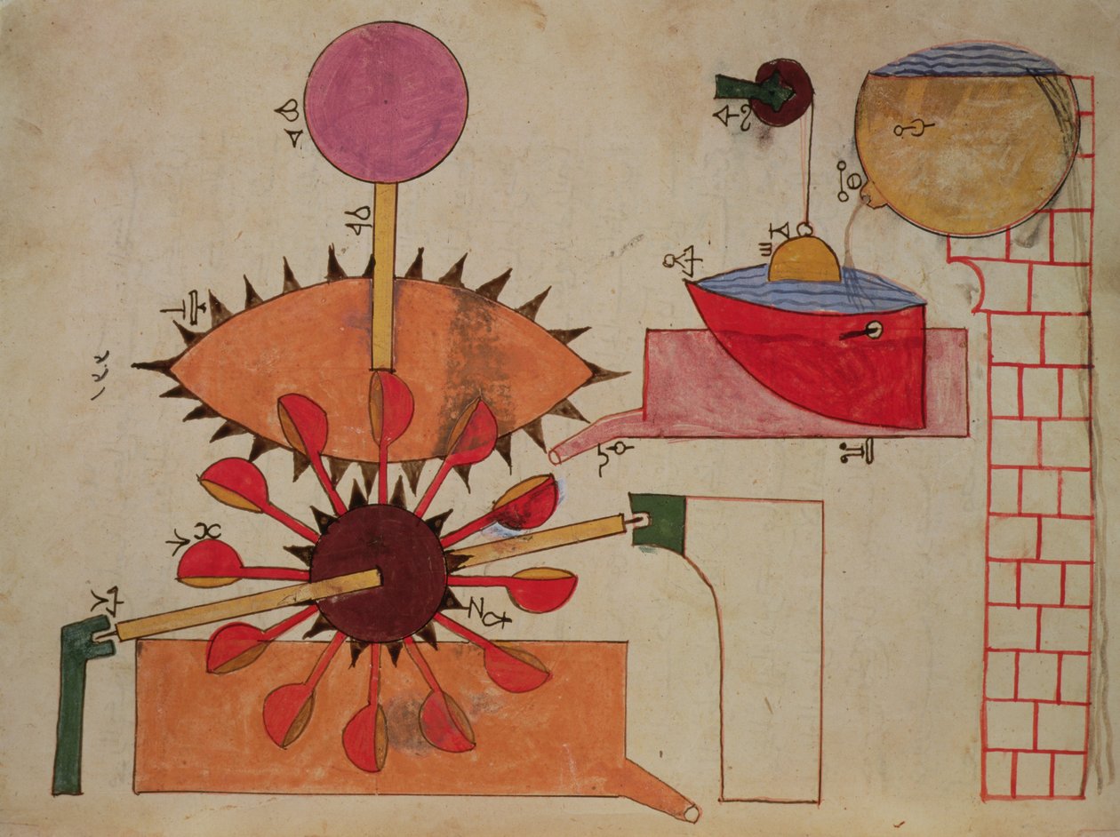 Diagrama de um sistema de bombeamento de água para uma bacia, do livro de conhecimento de dispositivos mecânicos engenhosos de Al-Djazari, 1206 de Islamic School