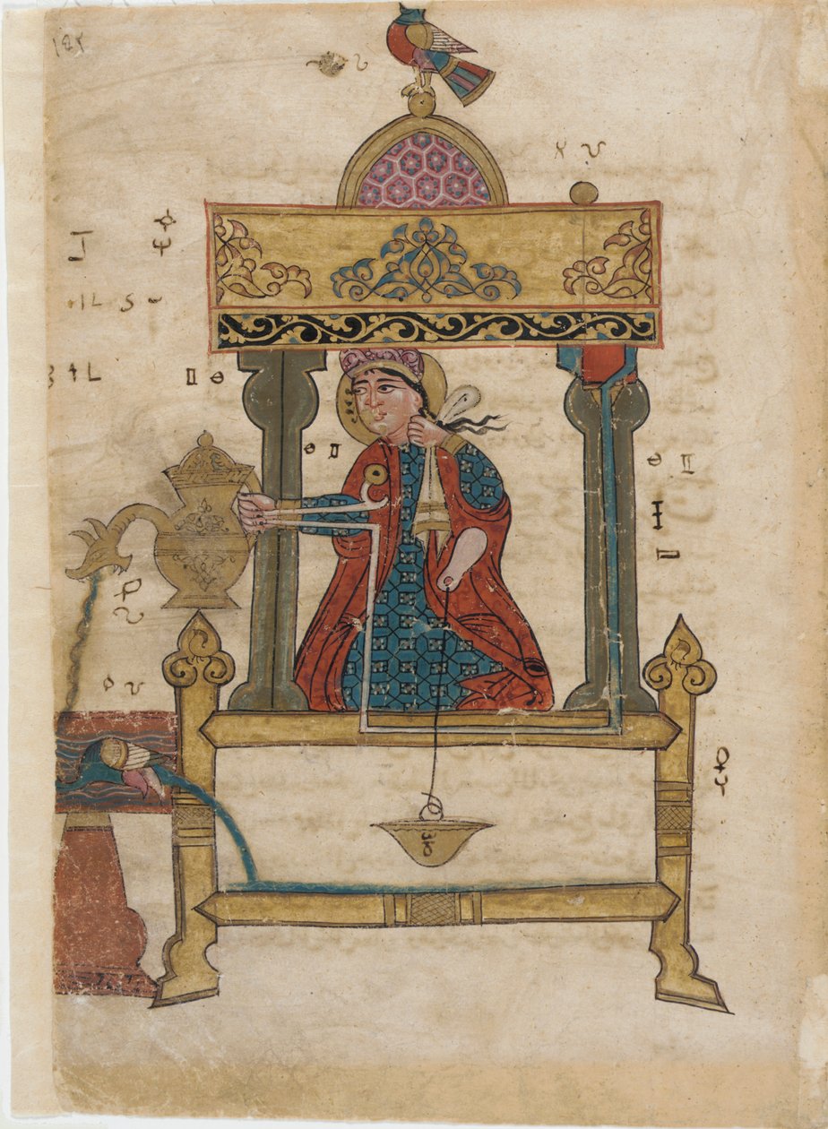 Autómato de lavagem das mãos com mecanismo de descarga, folio do The Book of Ingenious Mechanical Devices; por Al-Djazari, 1315 (wc opaca, tinta e ouro sobre papel) de Islamic School