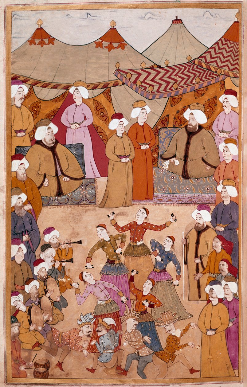 Arte islâmica: "Dança para o prazer do Sultão Ahmet III (1673-1736)" Gouache em papel Levni de "Surnama" (apelido i) Vehbi) Estreia no Museu Topkapi Saray do século XVIII, Istambul de Islamic School