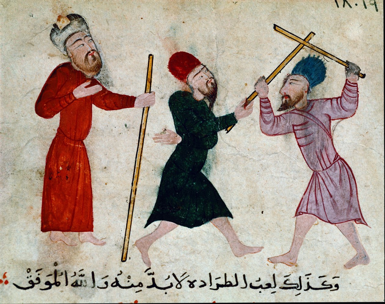 Arte islâmica: Desenho em pergaminho da época de Fatimid (século 10-11) - Jogo de paus - Pintura em papiro - Cairo, Museu de Arte Islâmica de Islamic School