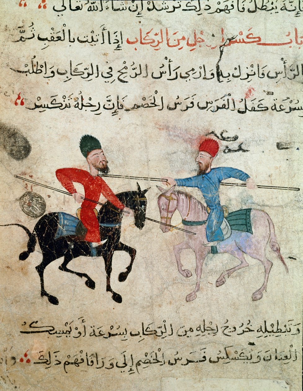 Arte islâmica: Desenho em pergaminho do período de Fatimid (séc. 10-11) - Cena de duelo entre dois cavaleiros - Pintura em papiro - Cairo, Museu de Arte Islâmica de Islamic School